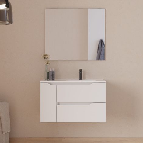Meuble de salle de bain 80cm avec vasque déportée à droite et miroir - 2 tiroirs et un placard - blanc - ZARZA (1/5)
