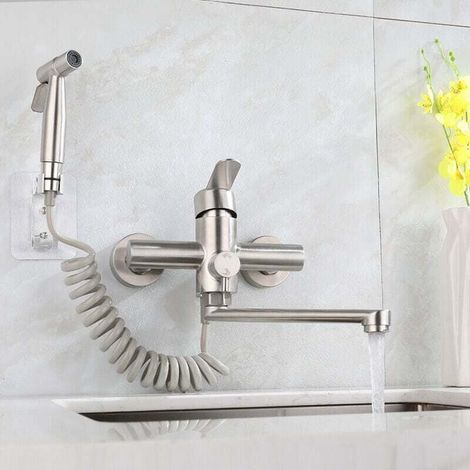 Robinet cuisine mural avec pistolet pulvérisation – 2 jets – Rotatif 360° – Acier inoxydable brossé – Parfait pour plan de travail central, îlot ou office
