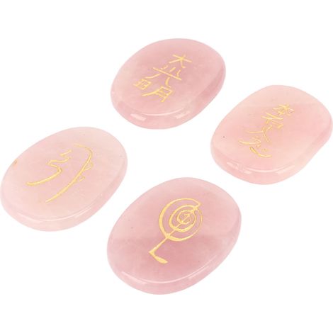 Un ensemble de 4 pierres runiques naturelles, gravées de symboles d'aura, pierres runiques ovales plates pour la méditation, avec un sac de rangement, en quartz rose.
