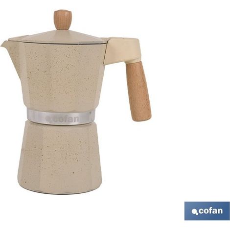 Cafetière à induction italienne 6 tasses, aluminium, 17 x 10,5 x 19,5 cm, beige granit