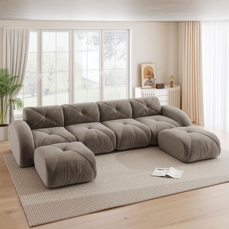 Canapé modulable en forme de U, sans cadre, ensemble de canapé 4 places comprenant 2 poufs, idéal pour le salon, tissu confortable, antidérapant, livré monté, marron (1/5)