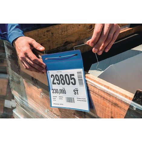 Porta documentos B210xH297mm DIN A4 vertical con percha de alambre flexible azul paquete de 50