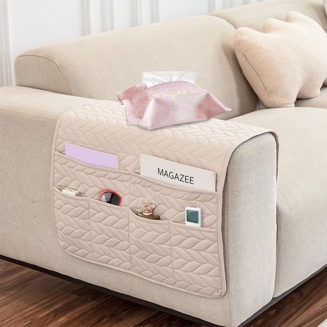Organiseur Imperméable pour Accoudoir de Canapé avec 6 poches  Blanc Antidérapante Housse pour Canapé/fauteuil avec Sac en Papier, Housse Rangement pour Accoudoir pour télécommande Canapé (1/5)