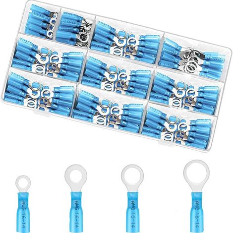 120 Pièces Cosses Electriques à Sertir thermorétractables,Kit de Cosse Electrique Thermoretractable pour Automobile - Assortiment Cosses Ronde pour 12-10 AWG (bleu 10,1/4",5/16",3/8") (1/5)