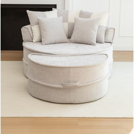 Fauteuil rond avec ottomane, 5 coussins, en chenille, gris DESVIAE (1/5)