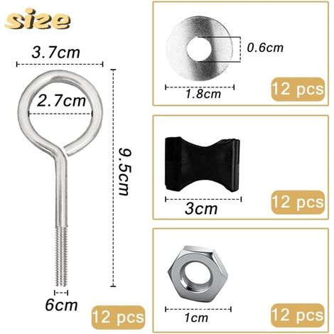 Set di 12 viti di ricambio per trampolini, distanziatori per trampolini, kit di accessori per trampolini, elementi di fissaggio per trampolini grandi e piccoli (1/4)