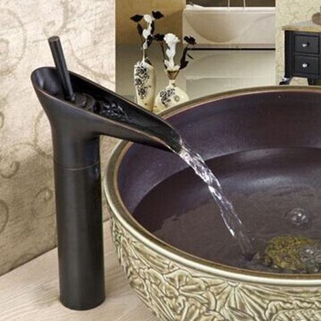 Cleafe - Bagno Lavandino Lavabo Miscelatore Rubinetto Ottone Nero Cascata Basso -