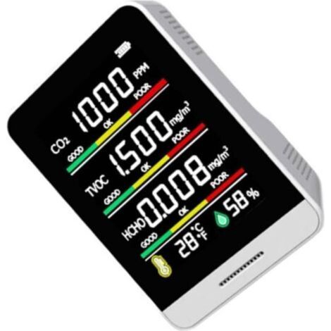 Détecteur de CO₂ et qualité de l'air – Analyseur numérique avec mesure de l’humidité, des particules PM2.5/PM10 et du dioxyde de carbone (CO₂), affichage LCD clair, blanc (1/4)