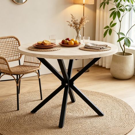 Mesa de comedor redonda de 100 cm en MDF con patas metálicas negras (1/5)