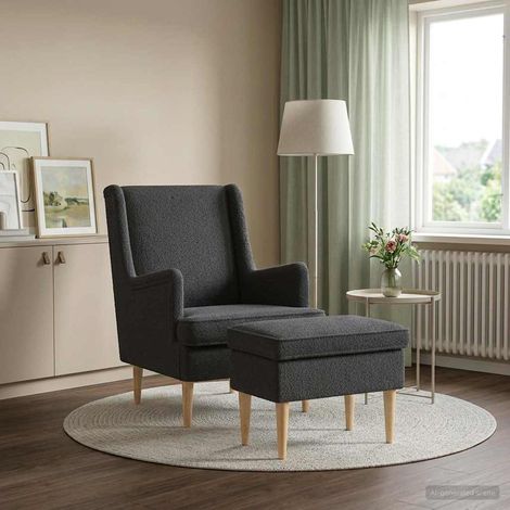 vidaXL Fauteuil avec pouf 2 pc Gris foncé Bouclé (1/5)