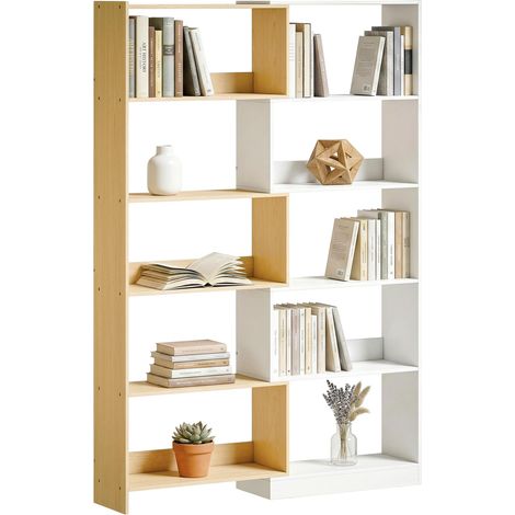 Bibliothèque d'angle rotative 350° à 5 niveaux, étagère de rangement extensible en forme L, 60-111x24x164cm, chêne (1/4)
