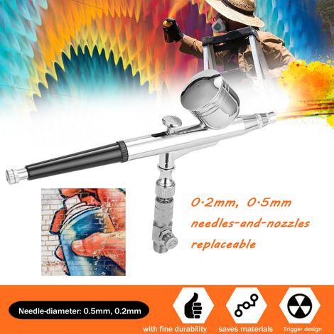 Kit aérographe professionnel pour modélisme et peinture artistique,livré avec compresseur,support,aiguilles 0,2 mm/0,5 mm, buses0,2 mm/0,5 mm,séparateur huile‑eau,tuyau,adaptateur G1/8 et accessoires (1/5)