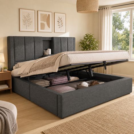 Bett 180x200 cm modern gepolstert in Leinen Grau mit Kopfteil, USB/Type-C Ladestation und Bettkasten (1/5)