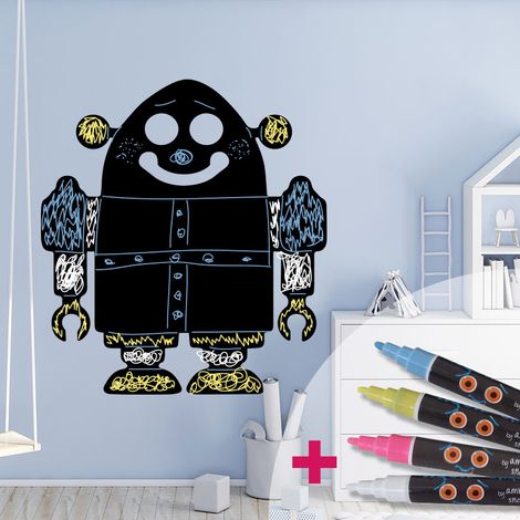 Sticker ardoise tableau noir - stickers muraux adhésif effaçable - ROBOT + 4 CRAIES LIQUIDES - 40x35cm (1/4)