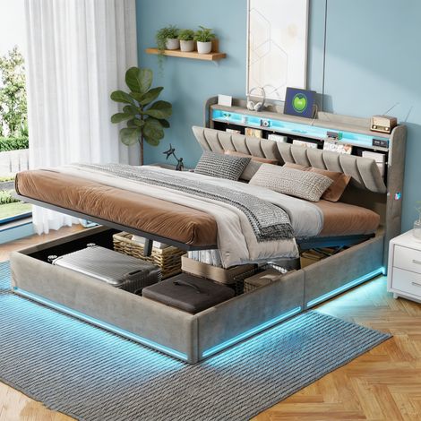 Lit 140 x 190, lit 140x190 avec sommier, cadre de lit, Lit coffre, avec LED, coffre hydraulique, avec tete de lit, gris, velour (1/5)