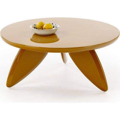 Table basse jaune moutarde ronde avec plateau laqué 80 cm ANGELINA (1/5)
