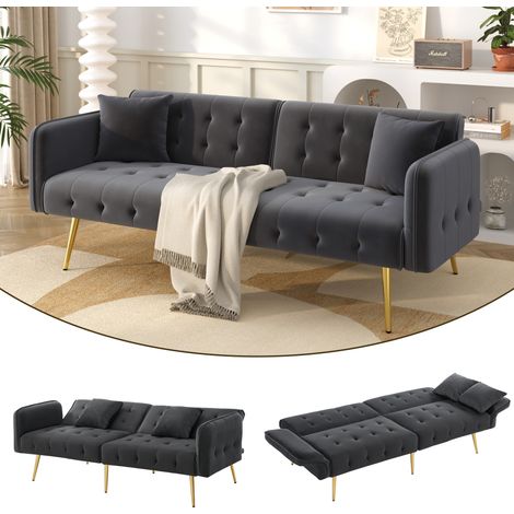 Canapé convertible 2 places 2-en-1 – Dossier 3 positions accoudoirs – 6 réglages pieds métal doré – Canapé-lit en velours pour salon studio – 175 x 82 cm – Gris (1/5)