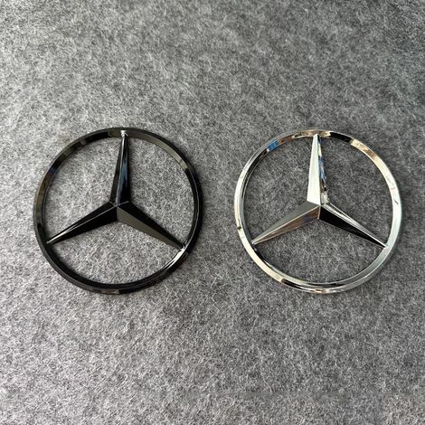 Zwei 9 cm große Heckstern-Embleme, passend für Mercedes-Benz A, B, C, E, S, C200, S350L, E260, dreizackige sternförmige Heckembleme, silber und glänzend schwarz. (1/5)