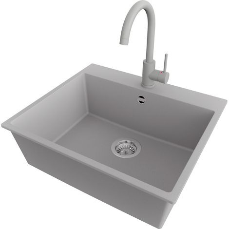 PRIMAGRAN Evier Cuisine en Granit 58x50cm,Lavabo 1 bac + Robinet 32x20cm + Kit de Vidage, Évier à Encastrer au meuble 60cm - Riga, Gris (1/5)