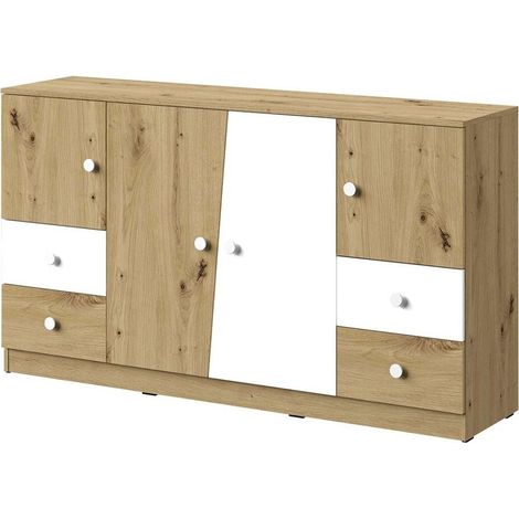 Cómoda Almira 105, Roble Artisan + Blanco, Con cajones y puertas, Número de cajones: 4, 90x160x40cm (1/4)