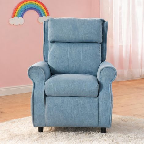 Fauteuil relax enfant en bois et tissu bleu avec repose-pieds (1/5)