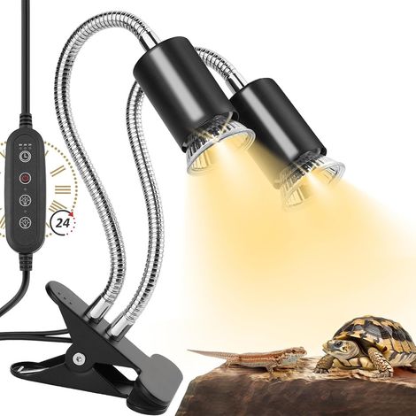 Lampe Chauffante Pour Reptiles - Double Tête Avec Minuterie Cyclique - UVA UVB - Base E26/E27 - 2 Ampoules 25 W - Pour Tortues Geckos Dragons Barbus Lézards - 1 Pièce