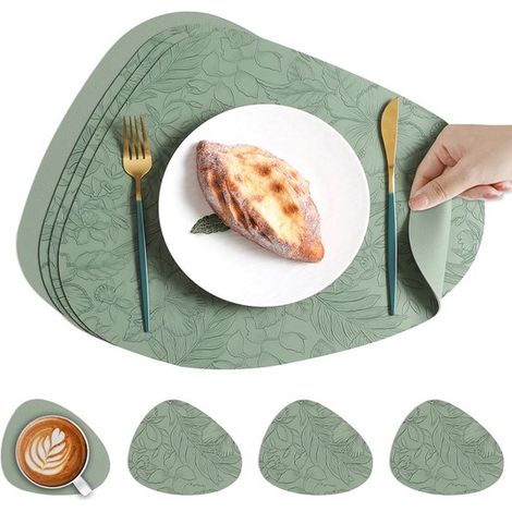 Juego de manteles individuales, 6 piezas, Piel, Impermeable y resistente al calor, Manteles individuales de piel sintética, Fácil limpiar, Verde (1/5)