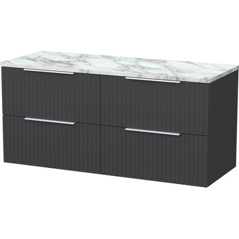 Callingwood Contemporary Wall Hung 4 Drawer Vanity Unit with Carrera Marble Laminate Worktop , 1200mm, Dark Grey