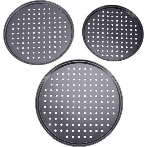 Plaque à pizza perforée pour fourlot de 3antiadhésivenoirepour barbecue et grill. (1/5)