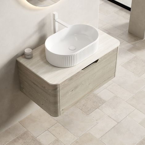 Mueble de baño suspendido 80 cm, encimera de piedra sinterizada travertino, beige DESVIAE (1/5)