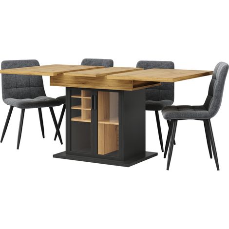 Tavolo da pranzo allungabile 110-140x80 cm in MDF nero con vetrina e portabottiglie (1/5)