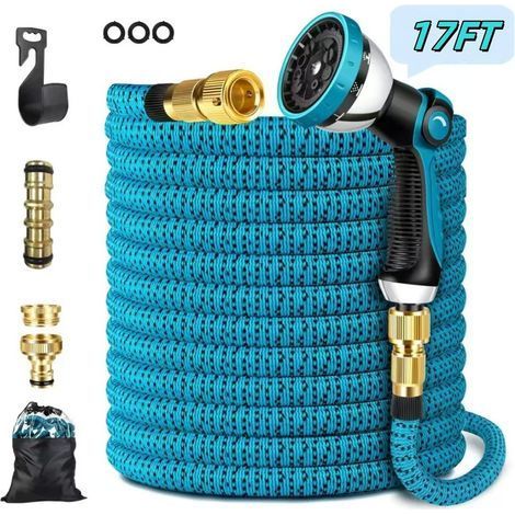 Expandable garden hose with 10 jets, compatible with 1/2-inch and 3/4-inch taps. Flexible and lightweight hose for gardening, watering, and cleaning, with a carrying bag. (1/5)