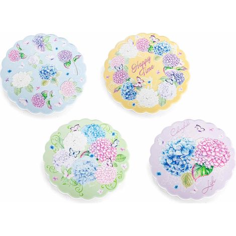 Sottopentola in ceramica colorata con base in sughero e decori ortensie, set da 8 pezzi, Ø 18 cm