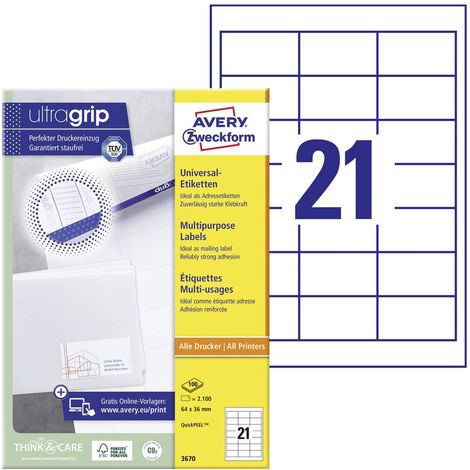 Avery-Zweckform 3670 Etichetta universale 64 x 36 mm Carta Bianco 2100 pz. A tenuta permanente Stampante laser, Stampan (1/5)