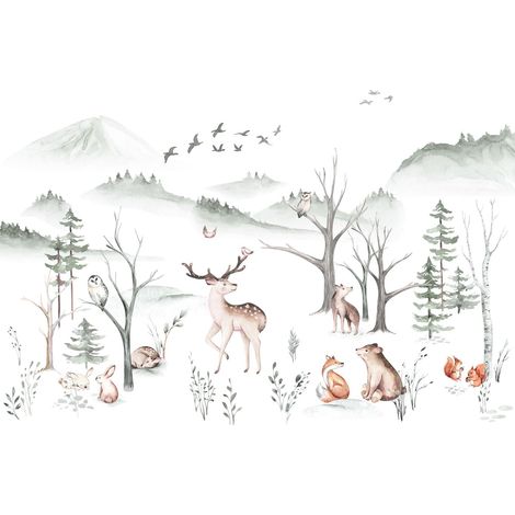 papier peint panoramique animaux de la forêt blanc, vert et beige - Komar (1/5)