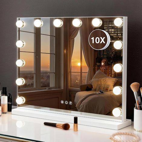 Miroir cosmétique Hollywood avec 3 Modes de Couleur, Miroir cosmétique éclairé avec Lampes LED à intensité Variable et grossissement 10x pour Bureau (52 cm x 40 cm) (1/5)