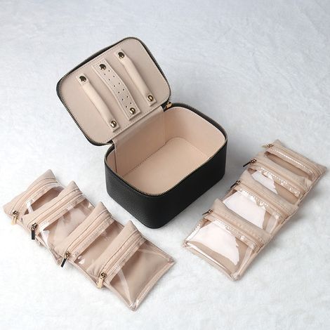 Petite boîte à bijoux de voyage en cuir grain avec 8 poches transparentes en velours pour bijoux, rangement bijoux pour filles pour, bagues, noir (1/5)