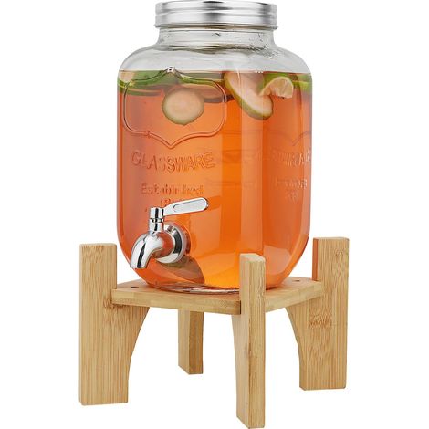 Distributeur de boissons en verre JeiibrZui avec support en bambou - 4 litres - Robinet en acier inoxydable - Verre transparent pour les fêtes, les buffets et une utilisation quotidienne (1/5)