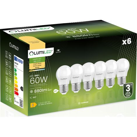 6 lampadine LED E27 a sfera P45 8W = 60W 880lm 3000K Luce calda 180° LUMILED