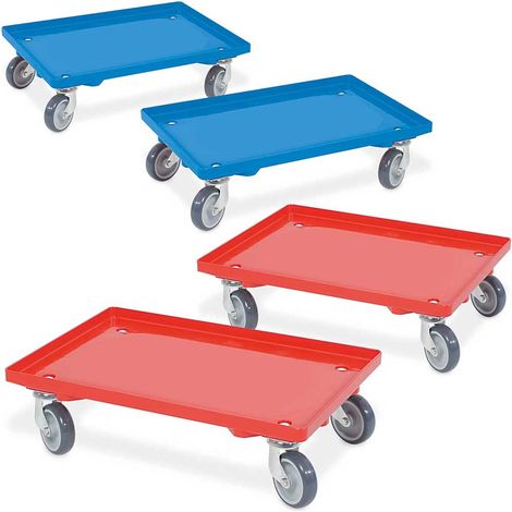 BRB Lot de 4 rouleaux de caisse/scooters logistiques avec plateau fermé, 2 x bleu, 2 x rouge, pour récipient 600 x 400 mm, charge maximale 250 kg