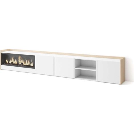 Mueble TV Benaoján-02 de 315x50x35 cm con chimenea eléctrica XXL, color blanco y roble soft (1/4)