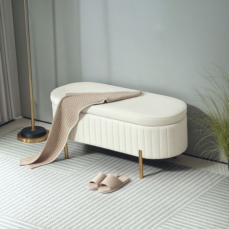 Banquette avec couvercle articulé et espace de rangement, blanc crème+doré, métal, housse en tissu