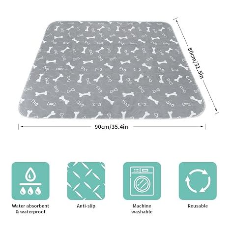 Washable Dog Training Mat, 90 x 80 cm, Bone Design Reusable 4 Nappies with TPU Barrier, Non-Slip, for Puppies, Elderly Dogs or Incontinents (1/4)