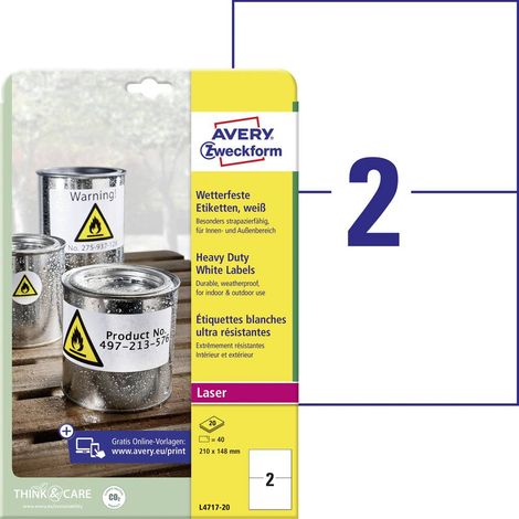 Etiquette plastique Avery-Zweckform L4717-20 210 x 148 mm film de polyester blanc 40 pc(s) fixation permanente (1/4)