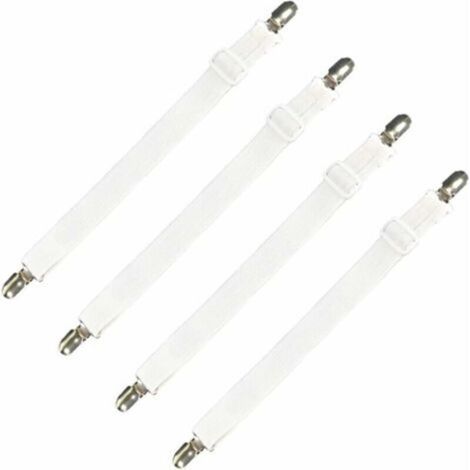 Lot de 4 accessoires literie tendeur de drap réglable sangle élastique fixation, pour drap lit, canapé, housse de repassage - 30cm à 120cm, blanc (1/4)