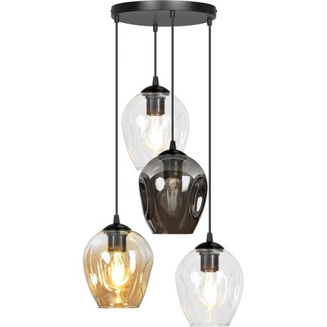 Lampadario 4 Luci Istar Base Tonda Acciaio Nero E Vetri Ambra Trasparente E Fumè (1/5)