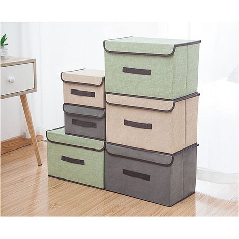 Deux boîtes de rangement grises, une grande et une petite, en tissu imitation lin, pliables, portables, étanches à la poussière, pour vêtements et petits objets, avec couvercles. (1/5)