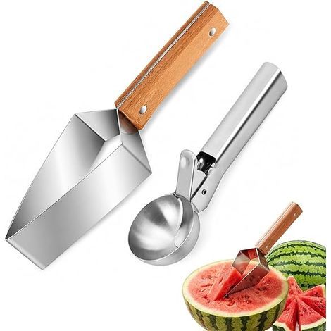 2-teiliges Wassermelonen-Besteckset: 1 dreieckiger Ausstecher aus Edelstahl + 1 Melonenlöffel – Obstbesteck zum Kochen, Campen und Picknicken (1/5)