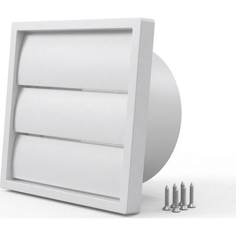 Grille d'aération 100 mm blanche, verrouillable, en plastique, avec lamelles mobiles et filet anti-insectes, clapet de ventilation, grille d'évacuation pour hotte aspirante, couvercle extérieur (1/5)