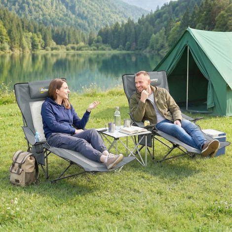 Lot de 2 fauteuils de camping inclinables 4 positions gris 125x80x90cm avec repose-pieds amovible et porte-verre (1/5)